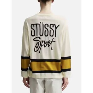 Stussy Sport Hockey Jersey V-Neck Sweater Cream Gold Navy Mens Medium